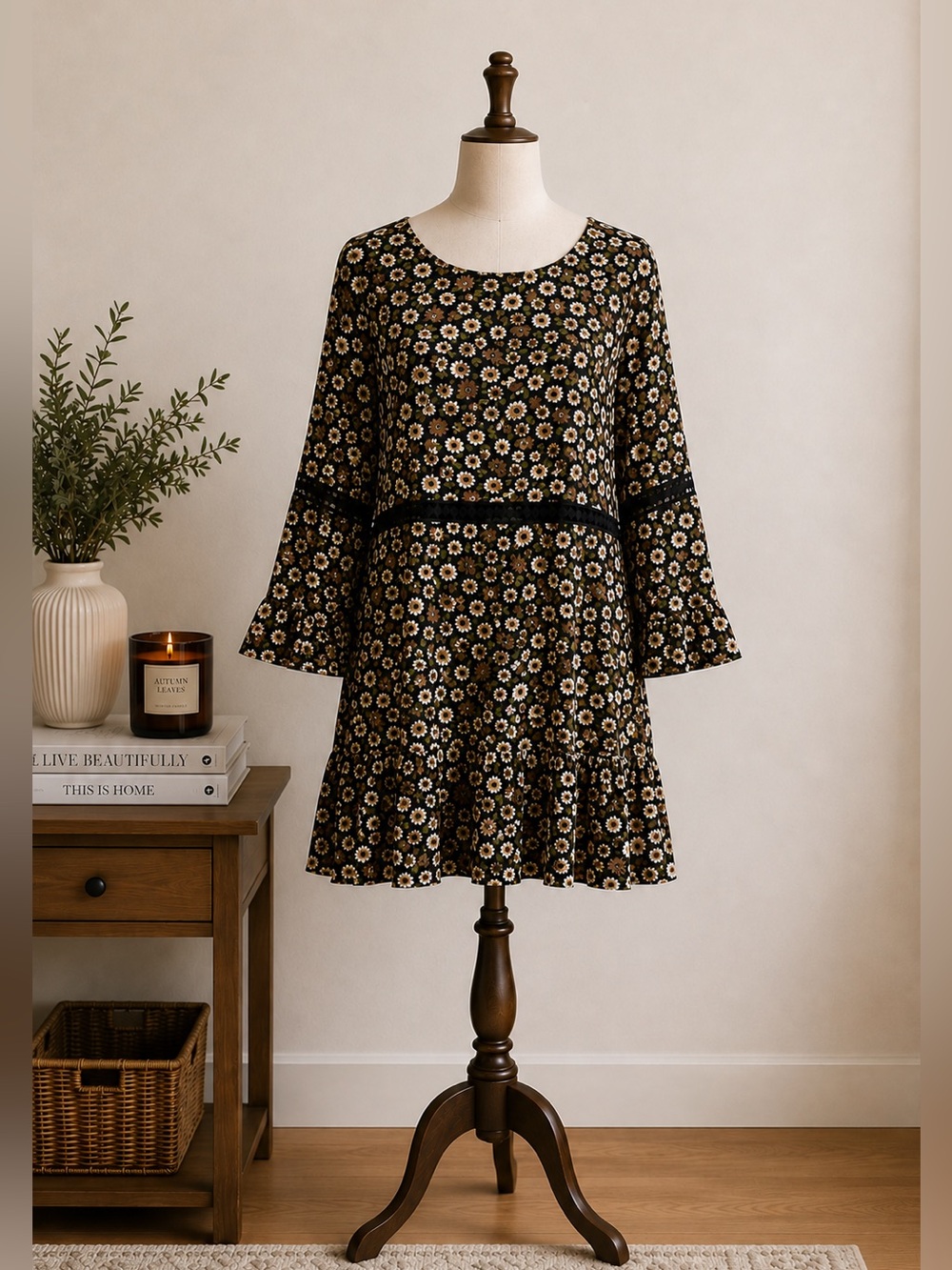 Dark Floral Boho Mini Dress Bell Sleeve Crochet Lace 90s Style Twik Size M